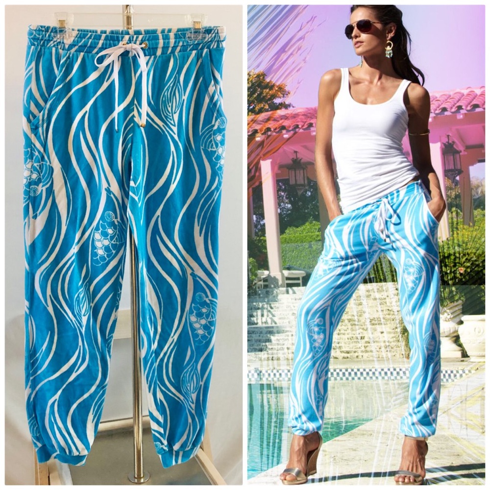 Lilly Pulitzer Velour Jogging Pants Fish Print Pockets Size Small
